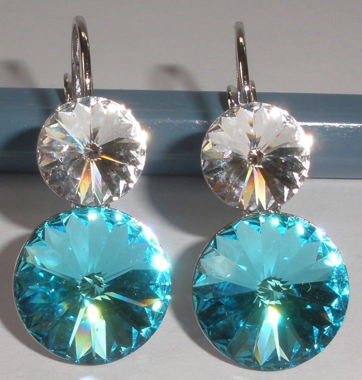 Náušnice Swarovski 2 Rivoli Crystal/ Light Turq rhodiované zapínací (2R812_1/40)